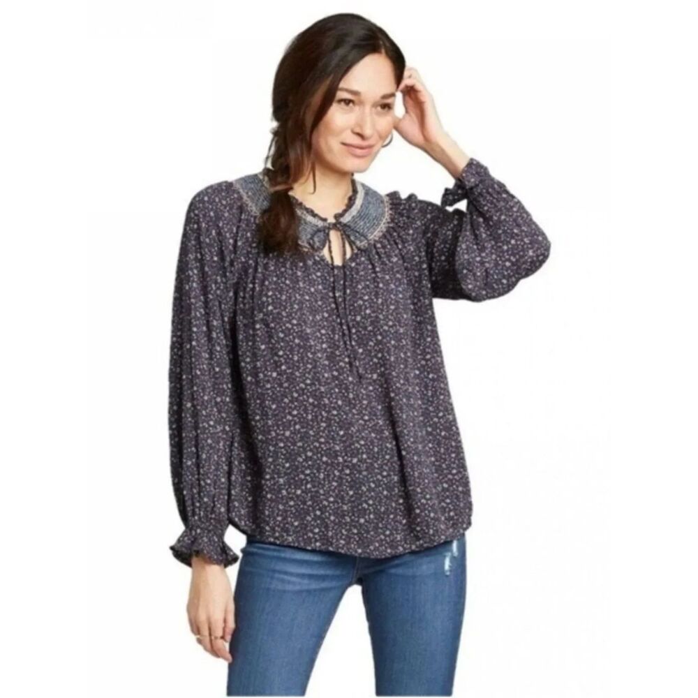 Knox Rose Women's Blue Floral Ditsy Tie Neck Boho Peasant Blouse Top Size M
